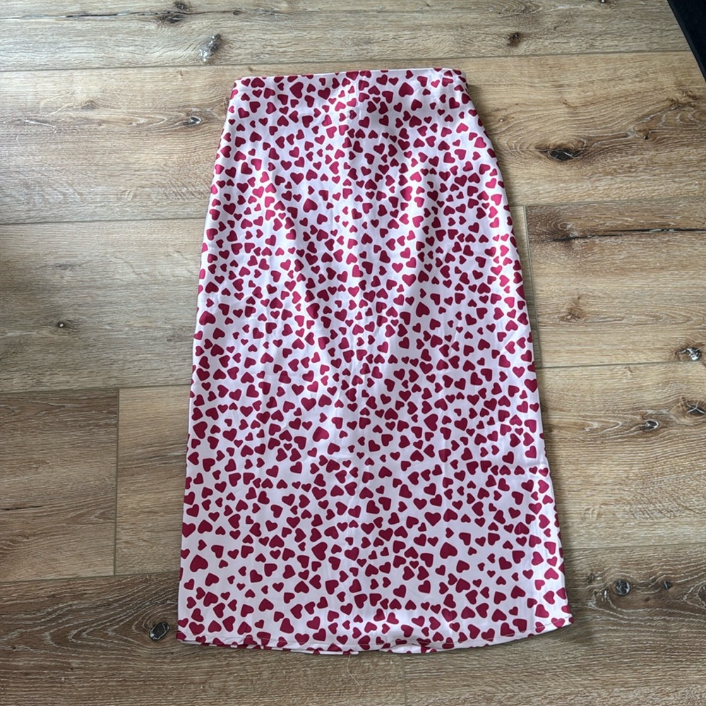 Pink satin heart midi skirt